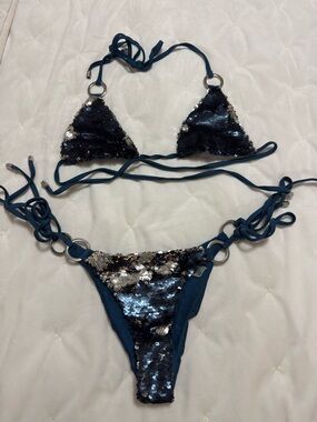 Beach Bunny Navy and Silver Sequin Triangle Bikini